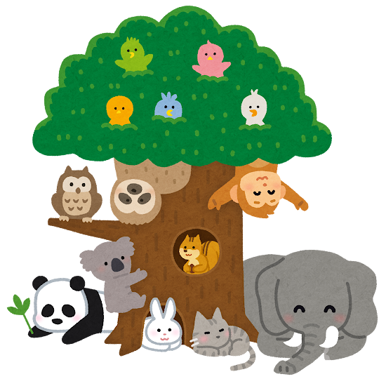 木にたくさんの動物